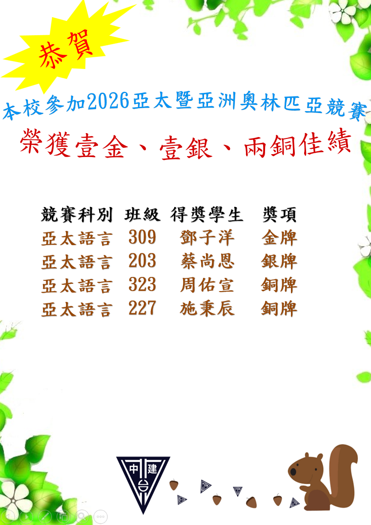 恭賀!!本校同學參加2026亞太語奧榮獲一金、一銀、兩銅多項佳績。本校參加2026年亞太奧榮獲多項佳續，恭喜309鄧子洋榮獲金牌、恭喜203蔡尚恩榮獲銀牌、恭喜323周佑宣榮獲銅牌、恭喜227施秉辰榮獲銅牌。
